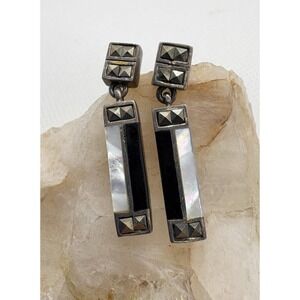 Vintage Sterling Silver Onyx Mother of Pearl Art Deco Dangle Earrings 925 NF